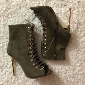 Faux Suede Peep Toe Corset Lace Up Stiletto Bootie